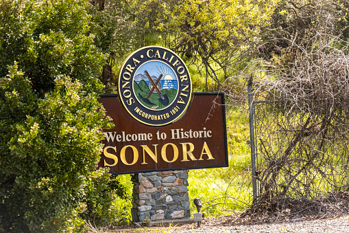 The downtown area of Sonora, California in Tuolumne County, taken in the early afternoon.