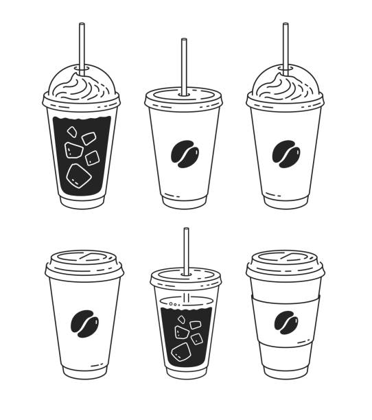 ilustrações, clipart, desenhos animados e ícones de linha art conjunto de xícaras de café descartáveis - coffee cafe latté cup