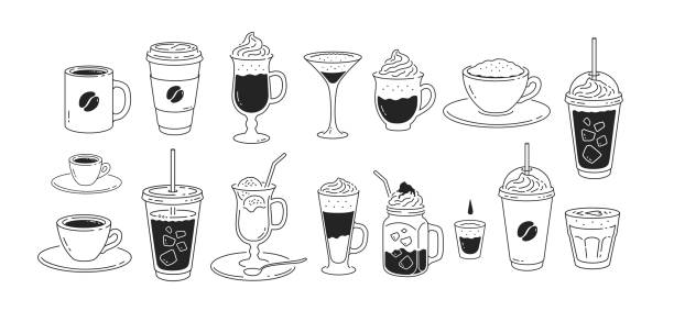 Line art illustration set of coffee cups Vector minimalistic line art illustration set of coffee cups isolated on white background. flat white stock illustrations