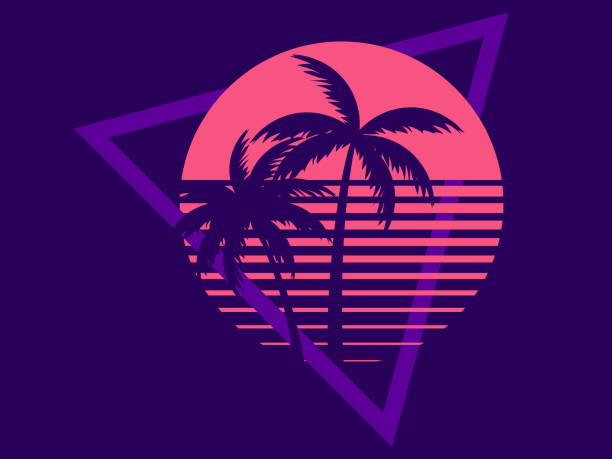 zwei palmen gegen eine sonne im stil der 80er jahre. synthwave und retrowave. design für werbebroschüren, banner, plakate, reisebüros. vektor-illustration - party hat silhouette symbol computer icon stock-grafiken, -clipart, -cartoons und -symbole