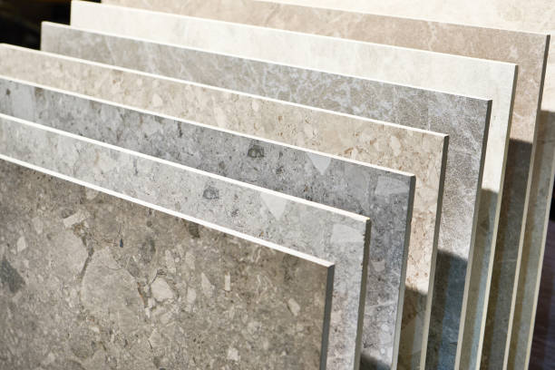 istock Stone ceramic panels on floor and walls in store 1313508078