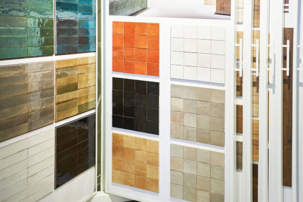 Samples of colorful outdoor stone tiles. Front view, background.