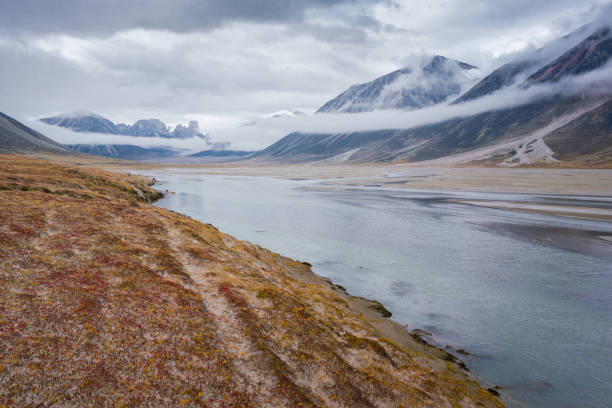 dramatic landscape of wild, remote valley in the far north on a cloudy, rainy day. mount asgard in the distance. haze and autumn colors on the banks of owl river. - baffin island imagens e fotografias de stock