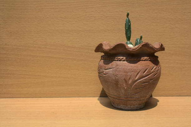 istock Small cactus in pots Wood grain background. 1313509103