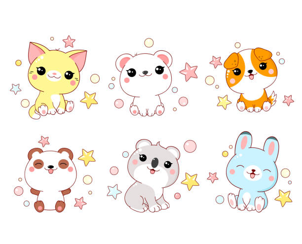 Collection of cute animals baby Set of cute animals  baby - polar bear, panda, dog, bunny, cat, koala in kawaii style. EPS8 kawaii cat stock illustrations