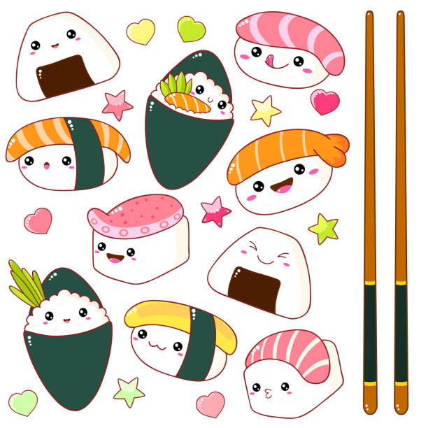 illustrazioni stock, clip art, cartoni animati e icone di tendenza di set di graziose icone di sushi e panini in stile kawaii - japanese cuisine temaki sashimi sushi