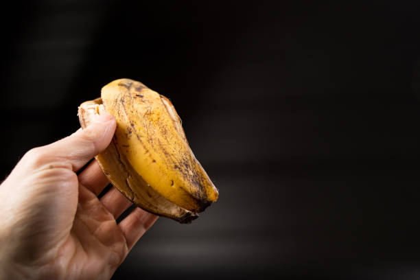 istock Banana peel in hand. Holding banana waste with copy space 1313509559