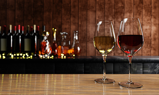 Red and white wine in clear glass, many blurred wine , whisky and brandy bottle backgrounds Place it on a wooden and marble floor with a wooden board wall. The cellar Tasting production concept.3D Rendering