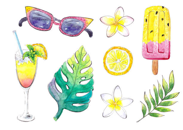 istock Hand drawn watercolor Set of summer seasonal accessories 1313510775