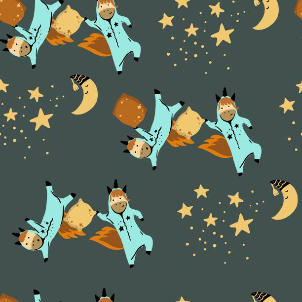 istock Seamless pattern pajama party with unicorns, unicorns in pajamas, funny unicorns, pillow fight, cartoon characters, night pattern 1313511739