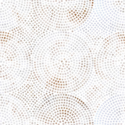 Abstract seamless pattern with white mosaic on a gray background. Concentric circles and squares texture. Floor or street covering. Stock vector illustration.