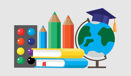 A set of school supplies from books, paints, pencils and a globe. Illustration in flat style.