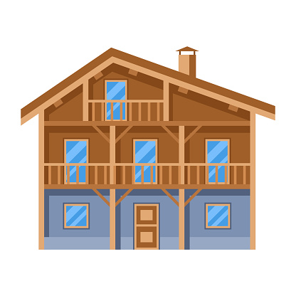 Illustration of wooden chalet house. Adversting icon or image for travel industry and business.