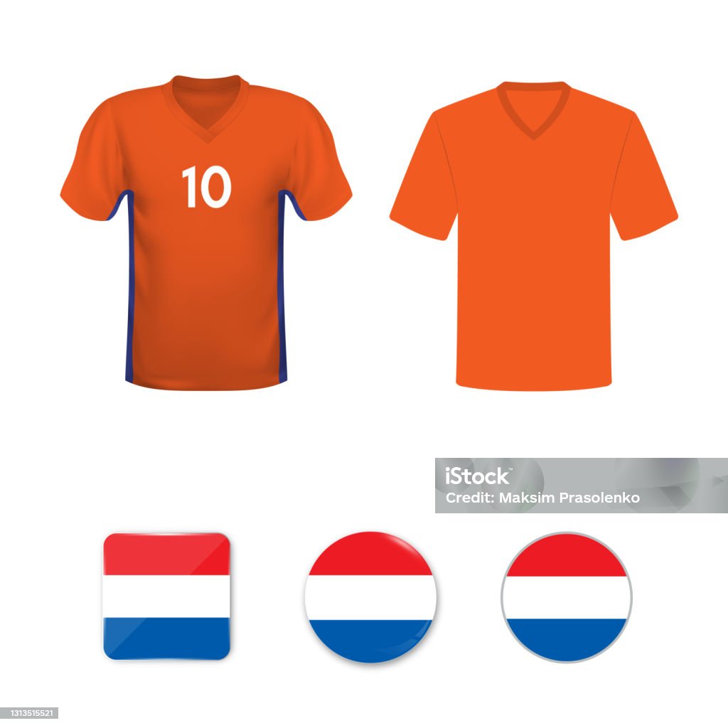 National football shirt of the Netherlands national team. Set of football T-shirts and flags of the national team of Netherlands. - Royalty-free Países Baixos arte vetorial