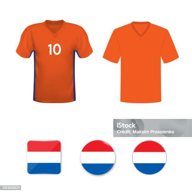 National Football Shirt Of The Netherlands National Team Set Of Football Tshirts And Flags Of The National Team Of Netherlands - Arte vetorial de stock e mais imagens de Países Baixos