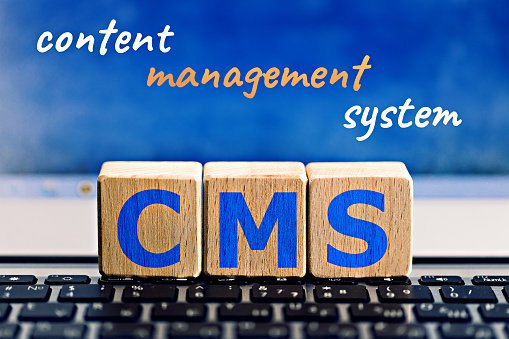 photo on CMS (content management system) theme. wooden cubes with the abbreviation 
