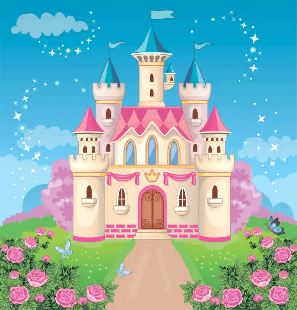 Vector illustration of Fairy tale castle for Princess, magic kingdom. Vintage tower on a fabulous background. A toy palace for a girl. Flower meadow. Wonderland. Children's cartoon illustration. Romantic story. Vector.