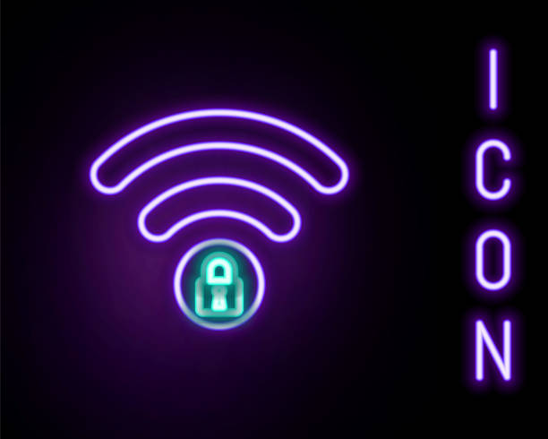 istock Glowing neon line Wifi locked sign icon isolated on black background. Password Wi-fi symbol. Wireless Network icon. Wifi zone. Colorful outline concept. Vector 1313518719