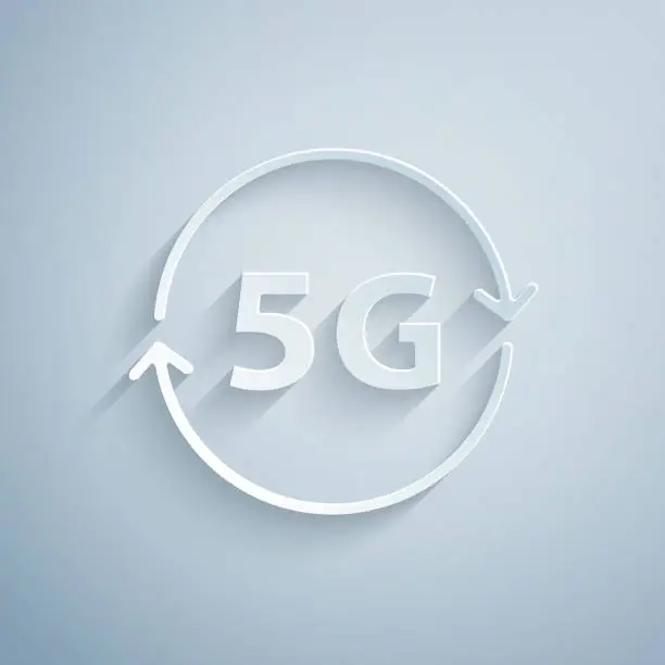 Vector illustration of Paper cut 5G new wireless internet wifi connection icon isolated on grey background. Global network high speed connection data rate technology. Paper art style. Vector