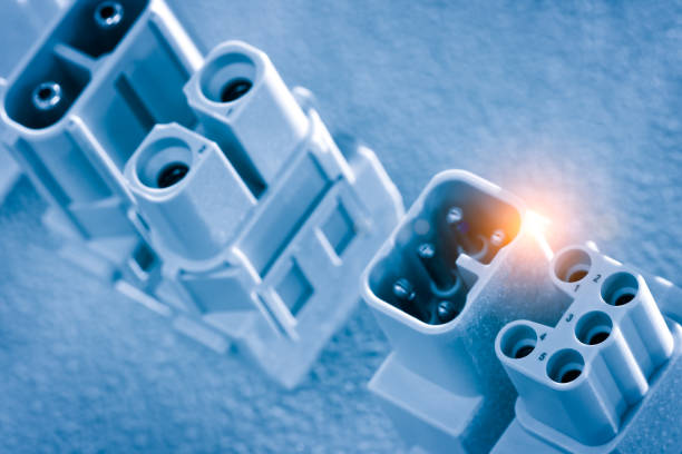 Industrial socket. Industrial electrical outlet. Industrial  lectrical energy  concept background in blue tone