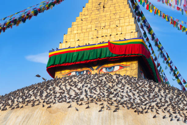 Famous ancient Boudhanath Stupa, also called Boudnath, or Boudha in Kathmandu valley, Nepal. It is one of the most remarcable symbol of Buddism. Famous ancient Boudhanath Stupa, also called Boudnath, or Boudha with prayer flags lungta close up in Kathmandu, Nepal. It is one of the most remarcable symbol of Buddism. prayer wheel nepal kathmandu buddhism stock pictures, royalty-free photos & images