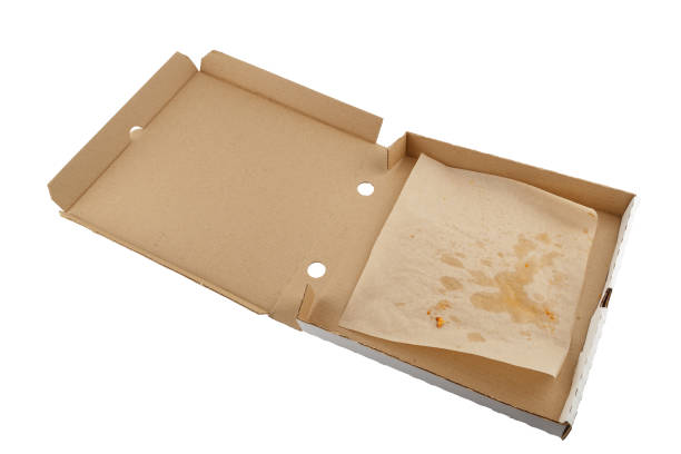 白い背景に隔離された空の食べた開いたピザボックス - dirty paper paper plate food ストックフォトと画像