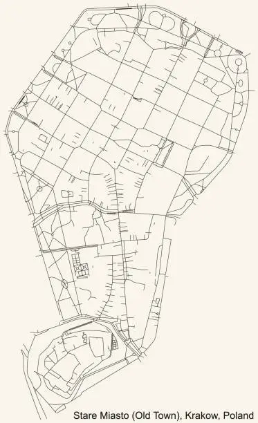 Vector illustration of Street roads map of the Stare Miasto (Old Town) district of Krakow, Poland