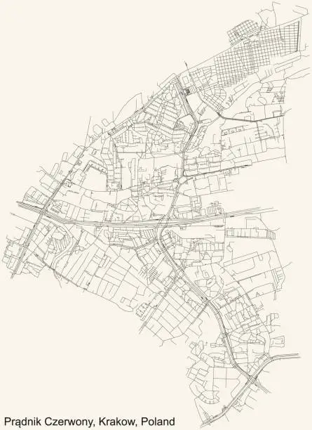 Vector illustration of Street roads map of the Prądnik Czerwony (Red Prądnik) district of Krakow, Poland