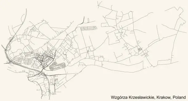 Vector illustration of Street roads map of the Wzgórza Krzesławickie (Krzesławice Heights) district of Krakow, Poland