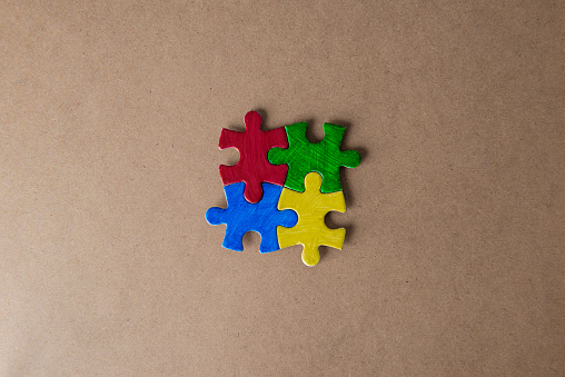 Multi colored puzzle pieces.