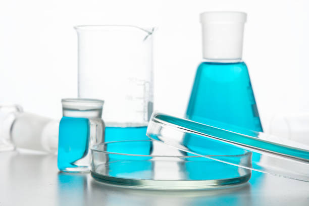 istock Chemistry glassware with blue liquid for science research and experiment. 1313527907
