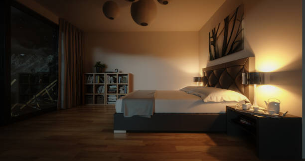 dormitorio moderno - double bed night table headboard bed fotografías e imágenes de stock
