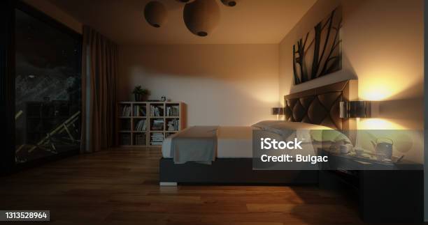 Modern Bedroom Stock Photo - Download Image Now - Bedroom, Night, Cozy