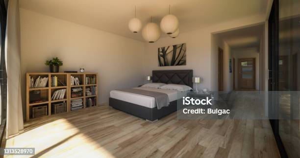 Modern Bedroom Stock Photo - Download Image Now - Bedroom, Door, Indoors