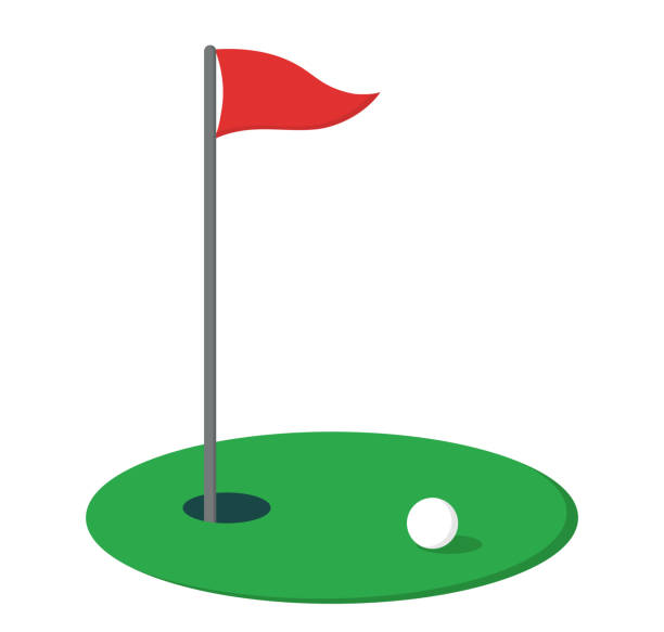 ilustraciones, imágenes clip art, dibujos animados e iconos de stock de ilustración vectorial del campo de golf. bandera roja, agujero y una bola blanca. - golf flag