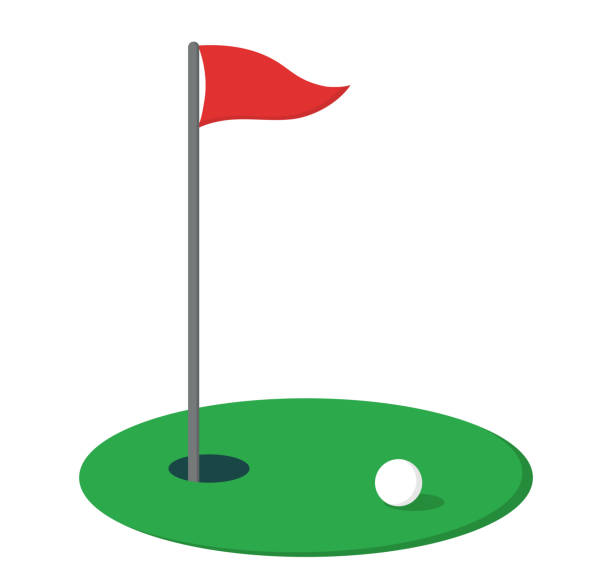 골프 코스 벡터 일러스트레이션. 붉은 깃발, 구멍 과 흰색 공. - 골프깃발 stock illustrations