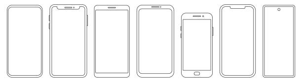 Set of different phone thin line templates. Vector mockup collection. Smartphone frames Set of different phone thin line templates. Vector mockup collection. Smartphone frames outline stock illustrations
