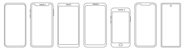 Set of different phone thin line templates. Vector mockup collection. Smartphone frames Set of different phone thin line templates. Vector mockup collection. Smartphone frames frame outline silhouette stock illustrations