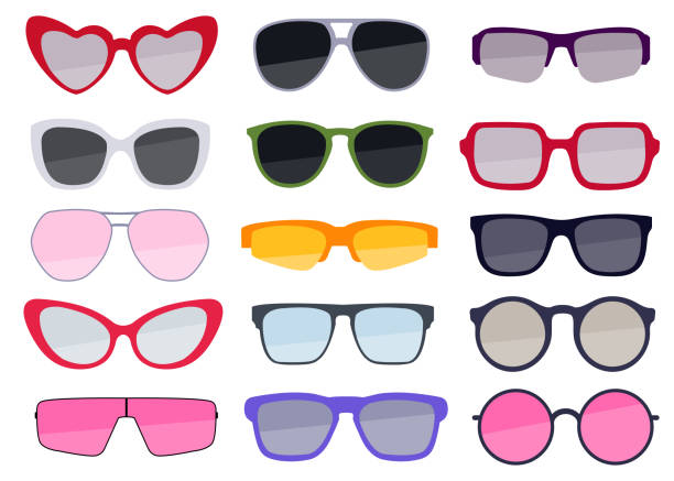 sammlung von bunten sonnenbrillen. trendige brillen-set. sommerurlaub zubehör. vektordesign - brille stock-grafiken, -clipart, -cartoons und -symbole