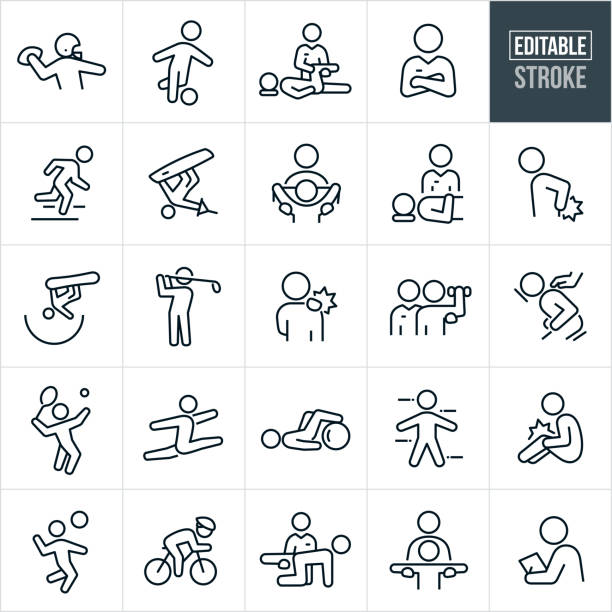 Sports Medicine Thin Line Icons - Editable Stroke A set of sports medicine icons that include editable strokes or outlines using the EPS vector file. The icons include sports medicine, exercise physiologist, athletic trainer, physical therapist, sports doctor, SEM, sport and exercise medicine, health care, physical fitness, trainer working with patient, athlete with injury, athlete with hurt back, athlete with shoulder pain, athlete with knee injury, athletes doing sports training, football player, runner, soccer player, wake boarder, snowboarder, golfer, tennis player, dancer, volleyball player, cyclist, football, snowboarding, golf, tennis, sports trainer working with athlete and other related icons. physical therapy stock illustrations