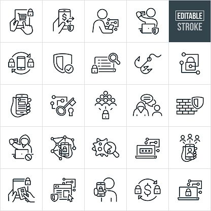 A set of internet security icons that include editable strokes or outlines using the EPS vector file. The icons include internet security, cybersecurity, secure online checkout, protected money transfer, cryptocurrency, person using a smartphone, smartphone, tablet PC, e-commerce, online shopping, people using technology securely, security, online search on laptop, phishing, secure webpage, digital lock and key, identity protection, cybercriminal with stolen credit card, cybercriminal chatting online, firewall, computer virus, digital password and other technology security related icons.