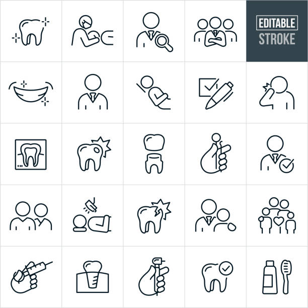 치과 용 얇은 선 아이콘 - 편집 가능한 스트로크 - medical exam dentist dentists chair dental assistant stock illustrations