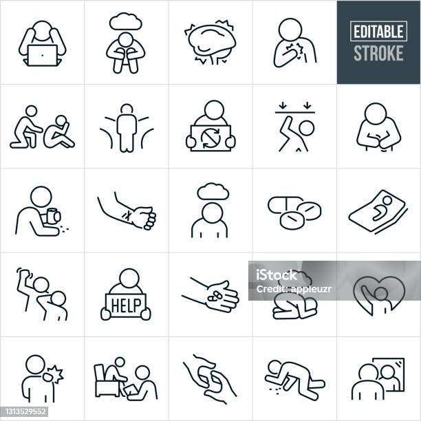 Mental Illness Thin Line Icons Editable Stroke - Arte vetorial de stock e mais imagens de Símbolo de ícone - Símbolo de ícone, Depressão - Tristeza, Tensão