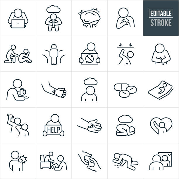 Mental Illness Thin Line Icons - Editable Stroke A set of mental illness icons that include editable strokes or outlines using the EPS vector file. The icons include a depressed person unable to concentrate while on a computer at work, depressed person hunched on ground with dark cloud above, human brain being pained, person experiencing a racing heart due to anxiety, an isolated depressed person, person with head down at a crossroads, mentally ill person holding a repeating mental illness sign, person being crushed by pressure and stress, person with anxiety experiencing an upset stomach, mentally ill person abusing drugs and alcohol, cut wrist showing self harm from a person with a mental illness, depressed person with dark cloud overhead, anti-depressant medication, mentally ill person in bed, a person with a mental illness exhibiting anger by raising fist to hit another person, a depressed person holding a help sign, a hand holding anti-depressants, a mentally sick person hunched on the ground, a person with a mental illness reaching out, a person with body pain from depression, a mentally ill person receiving counseling from a councilor, a hand reaching out to another hand to rescue, a mentally ill person overdosed on pills and a depressed person looking at herself in a mirror. sadness stock illustrations