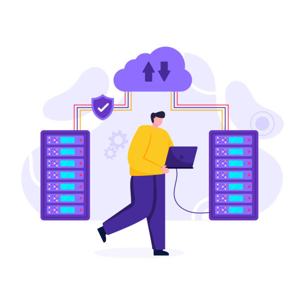 Server Cloud Server racks connection with cloud, server cloud or cloud hosting illustration data transfer stock illustrations