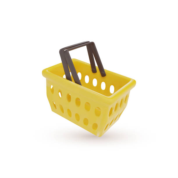 Realistic plastic shopping cart. Empty shopping cart yellow. Basket with two foldable handles. Vector illustration. Isolated on white background. Realistic plastic shopping cart. Empty shopping cart yellow. Basket with two foldable handles. Vector illustration. Isolated on white background. animal drawn stock illustrations