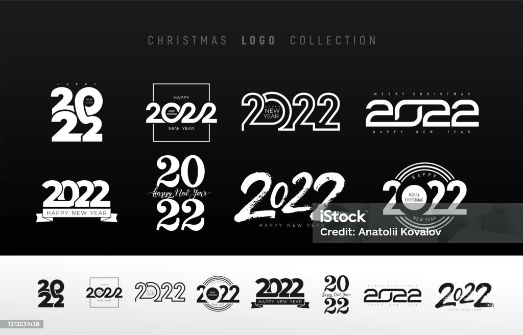 2022 년 새해 복 많은 년 트렌드 로고 디자인 세트 연말연시 장식 2022 크리스마스 번호 디자인 템플릿 2022 년 새해 복 많이  받으세요 기호의 큰 컬렉션 흑백 벡터 요소입니다 2022년에 대한 스톡