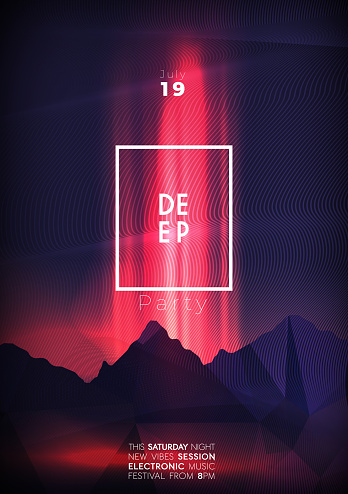 Deep party poster design with dark neon mountains