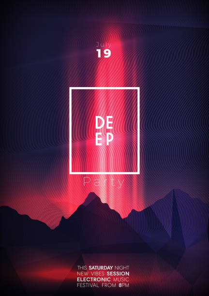 Deep party poster design with dark neon mountains Deep party poster design with dark neon mountains dj logo stock illustrations