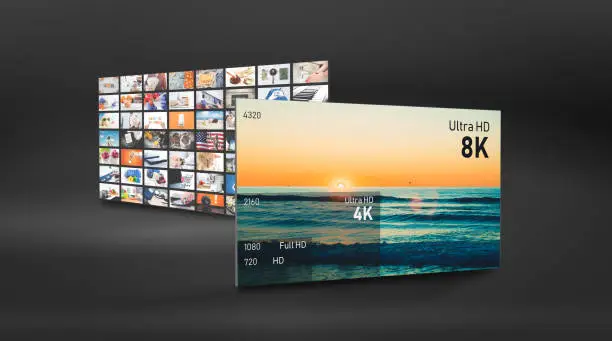 8K resolution display with comparison of resolutions. TV screen panel conceptual graphic